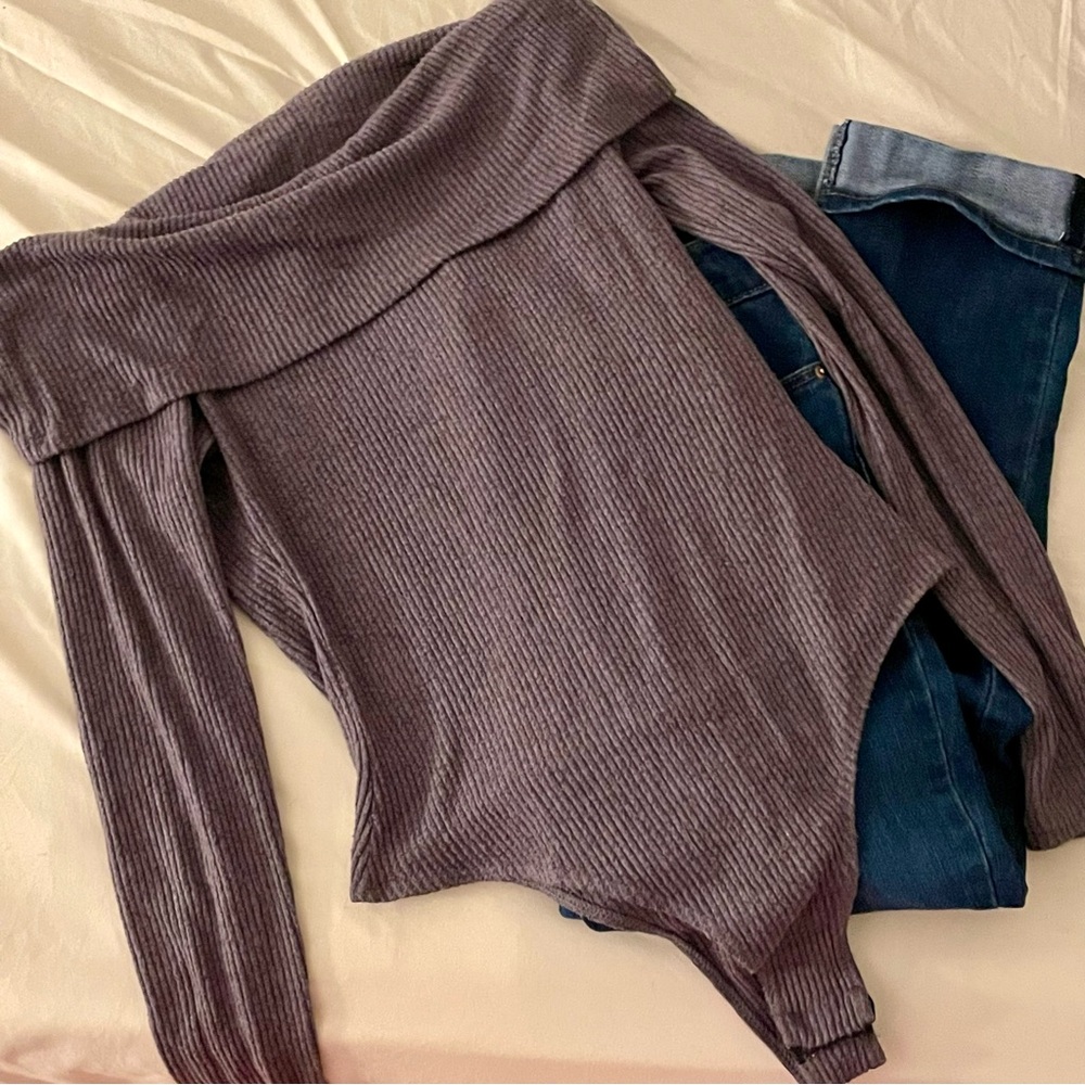Grey Off-Shoulder Ribbed Bodysuit